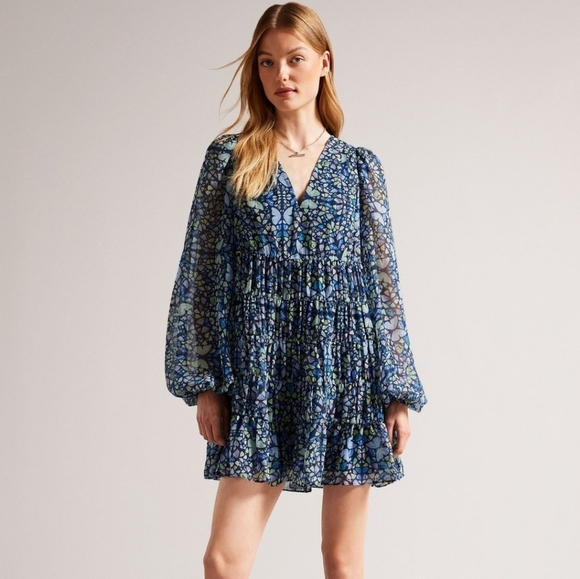 Ted Baker Tiered Swing Mini Dress Butterfly Print Long Sleeve in Blue Size 8 - Picture 1 of 16